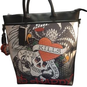 Ed Hardy Black/Multi Color Handbag/Backpack With Charms, NWT